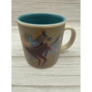 Laurel Burch NATIVE HORSES Mug Cup Cream W/ Gold 14 Oz Signed 2004